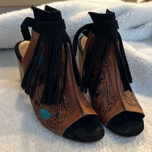Tooled leather and fringe Women's Open-Toe Shoes